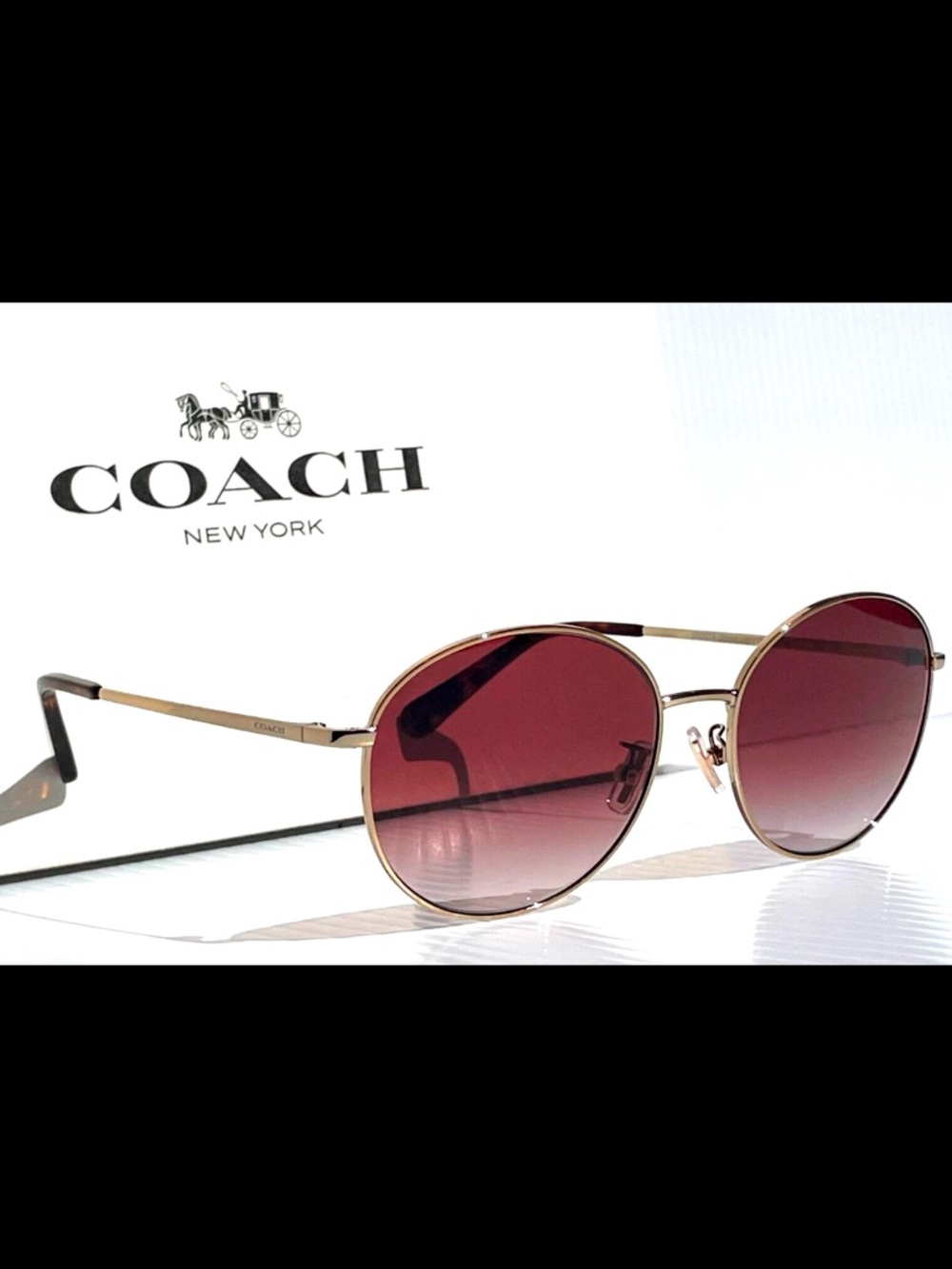 COACH Gold Round Sunglasses with Burgundy Gradient Lenses